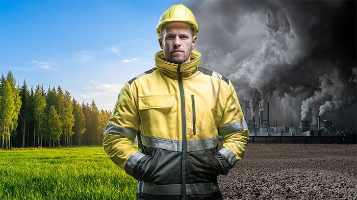 Keltaisiin ja osittain likaisiin high-vis vaatteisiin puettu mies jonka takana on keskeltä kahtia jaettu maisema. Vasemmalla on vihreä elävä niitty. Oikealla kuiva savimaa ja teollisuussavun myrkyttämä taivas.